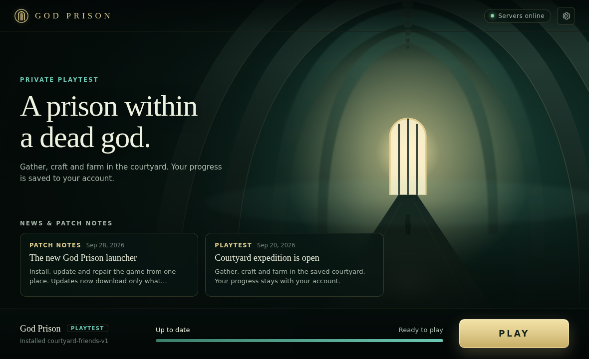 The God Prison launcher, showing news, the installed version and the Play button.